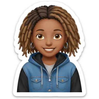make a black girl with short locs wearing a denim hoodie with black sleeves sticker