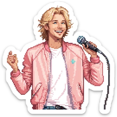 Expressive male performer, Caucasian features, tousled sandy blonde hair, lively eyes, wide cheerful smile, wearing a coral pink jacket over white tee, tossing a microphone in one hand, waist-up, front-facing sticker