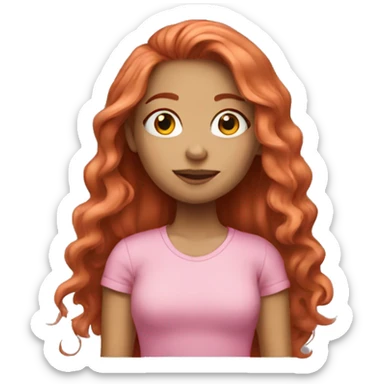 A light-skinned girl with long red hair in a pink T-shirt sticker