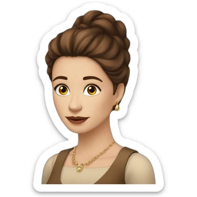 Mujer de 30 años blanca, ojos marrón oscuro,pelo largo y lacio castaño.Parecida a la actriz protagonista de la película crepúsculo, vestenta aesthetic con colores claros y aros colgantes  sticker