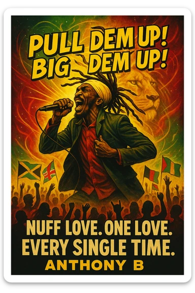 A vibrant reggae-inspired poster scene featuring Anthony B in full performance energy — dreadlocks flying, mic in hand, mid shout, pulling up the riddim. The background is a glowing fusion of red, gold, and green flames with lion imagery and subtle cosmic light trails. Around him, the words “Pull Dem Up! Big Dem Up!” explode like soundwaves. Below, a crowd of diverse viewers is shown — silhouettes of people from all nations, hands raised, flags waving (Jamaica, UK, Africa, etc). In bold text across the bottom: “Nuff Love. One Love. Every Single Time.” sticker