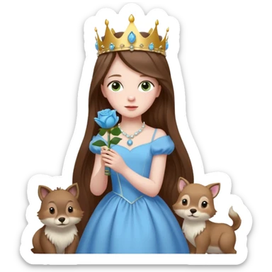 a 12 year old girl with shinny long brown hair and pretty green eyes with pale skin wearing a sky blue gown in a beautiful forest with adorable animals and stunning roses and lilacs surrounding her as she smells the only sky blue rose she is also wearing a crown that has pearls sticker