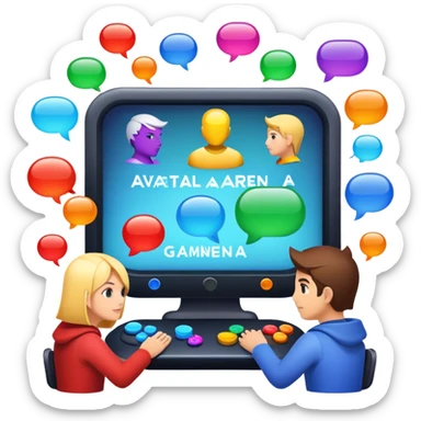 An icon representing multiplayer gaming, featuring a digital arena where diverse characters compete or cooperate. Avatars, chat bubbles, and team icons symbolize online interaction. A game HUD displays player stats, emphasizing teamwork and rivalry. Transparent background. sticker