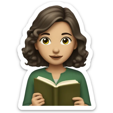 brunette chin length haired girl with beige skin tone and dark green eyes reading a book  sticker