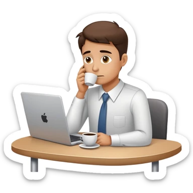 weary office worker slouched posture, tired eyes, laptop, coffee cup sticker