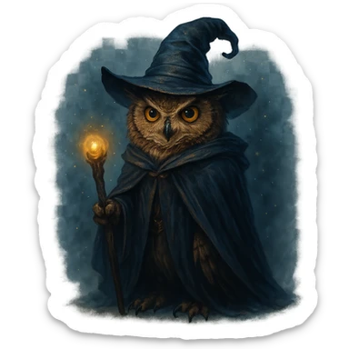 owl wizard, magical, wearing a wizard hat, holding a staff, mystical atmosphere sticker