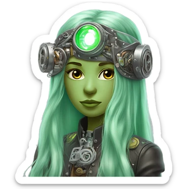 Light green long hair female cyborg head with silver steampunk headband goggles, circuits sticker
