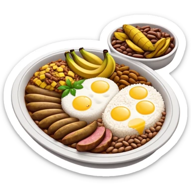 Cinematic Realistic Bandeja Paisa Dish Emoji, depicted as a hearty platter featuring beans, rice, meat, and plantains rendered with detailed textures and vibrant, robust lighting. sticker