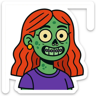 zombie girl with red hair, braces, and nose piercings, vibrant cartoon style sticker