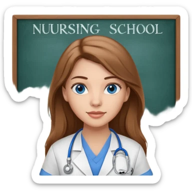 inside a classroom at university that says nursing school on the board with a pretty female nursing student with long brown hair, blue eyes sticker