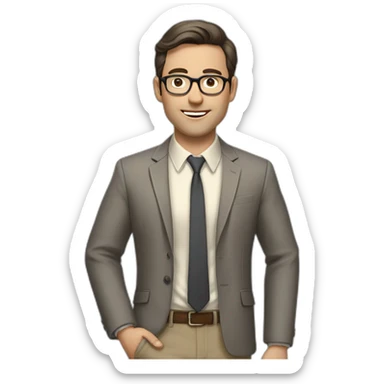 Full height Actively gesturing with hands Pale skinned fit man with dark brown hair in gray jacket, beige office shirt, brown tie, brown pants and vintage glasses. sticker