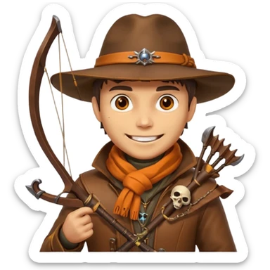 male human monster hunter emoji, wearing brown leather coat and wide hat, holding crossbow, with amulet shaped like skull, Halloween fantasy theme, confident smile, orange scarf, Apple emoji style, clean white background, square image sticker
