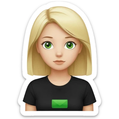Girl with green eyes, blonde with an even hole with straight hair up to the waist in a black t-shirt sticker