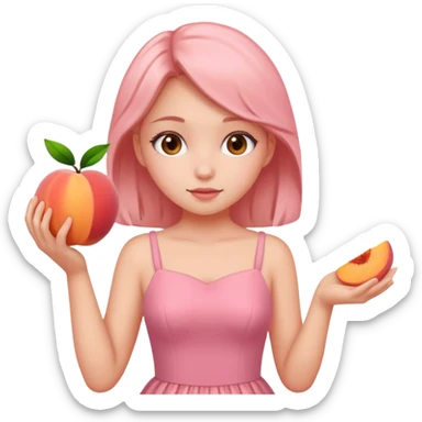A girl wearing pink dress and take a peach sticker