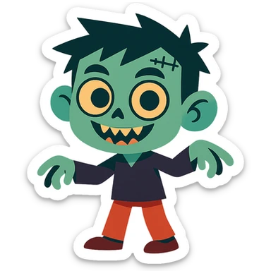 scary cute boy character, big eyes, playful but spooky, cartoon style sticker