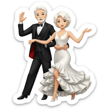 Dancing Tango couple conservative black tux for male and white long rafle dress for woman. Both male and female with white hair. Only one man and one woman sticker