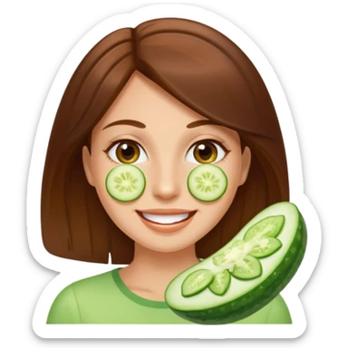 brownhaired smiling woman with cucumber on eyes sticker