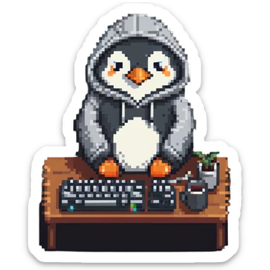 A cute penguin wearing a cozy hoodie typing on a computer keyboard sticker