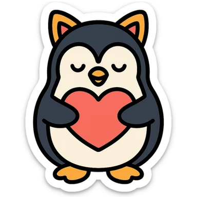 penguin holding a heart, wearing kitty ears, color icon style, clean lines, simple, modern, minimal background sticker