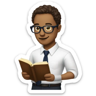 A man with specs white shirt and  navy blue tie reading a  book called New Human Revolution  sticker