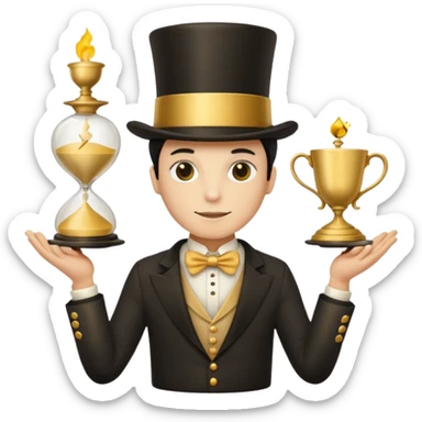 many hands in one, a top hat with a gold stripe, a golden hourglass, papers, a cup

 sticker