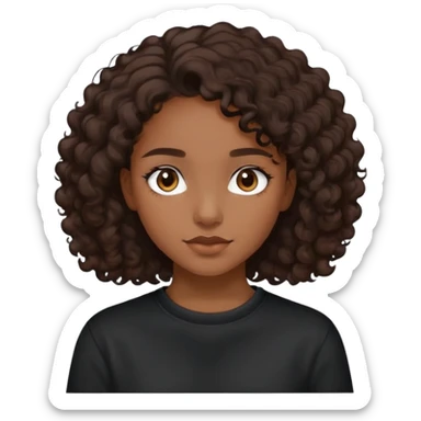 girl with brown skin, dark curly brown hair shoulder length and plain black crewneck t-shirt sticker