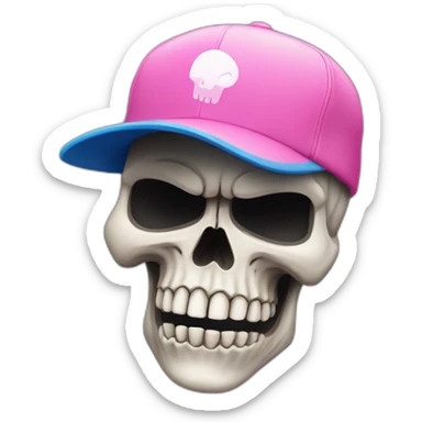 a skull looking off centre by 45 degrees. Wearing a pink baseball cap with a blue “B” motif sticker