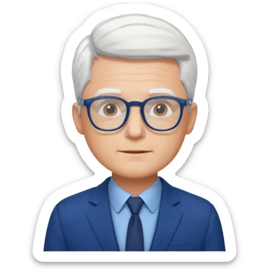 Man wearing glasses, short white hair, blue suit sticker