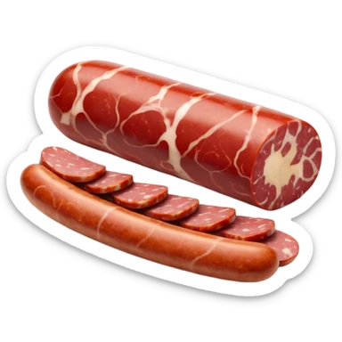 short cured sausage with dusty white casing, sliced at one end to show marbled red meat and fat, a few round slices beside it, no extras, soft lighting, subtle shadows, emoji scale sticker