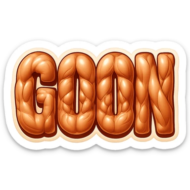Enhance the muscles to bulge more prominently and exaggeratedly beneath the glossy, realistic skin of the word GOON. The muscle shapes should be very pronounced and exaggerated beneath the shiny skin, in retro sticker style with no background. sticker