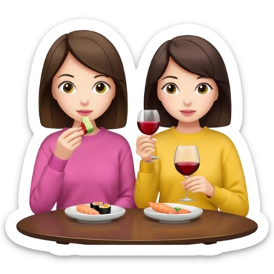 Two brunette girls eating sushi and drinking wine, first girl has a pink sweater and the second girl has a yellow sweater sticker