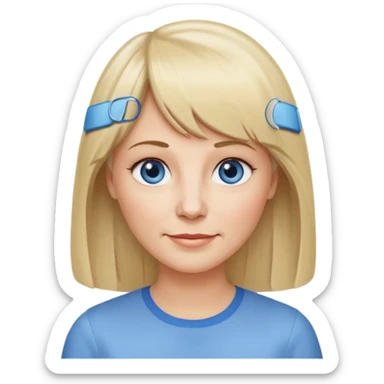 50 yr old white woman, center parted hair with bangs, very long straight blond hair, oval face, small smile, blue eyes, thin face, hair downback, hair parted at center of head, round cheeks, pale, longer hair, white shirt sticker