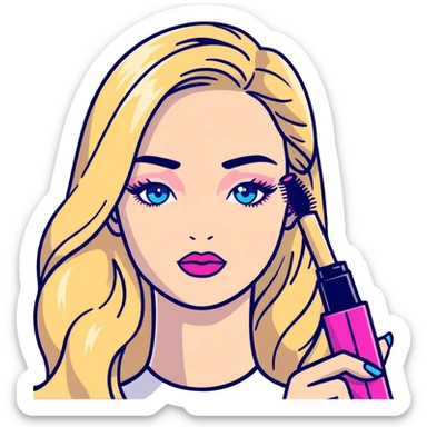 Blonde woman with long hair, blue eyes and pink lips holding mascara in her hands sticker