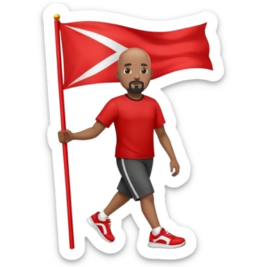Bald black man with a white goatee in sneakers carrying a red flag sticker