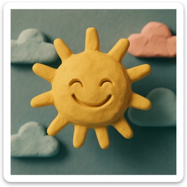 smiling sun with clouds, pastel colors, visible fingerprints, soft matte plasticine claymation style sticker