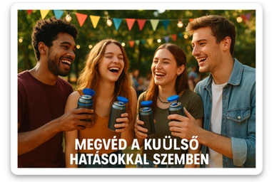 Készíts a következő jellemzőkre a mellékelt fotó felhasználásával a szöveghez illő képet, 1000x600px-es méretűt, fiatalos, dinamikus, megnyerő,változatos, színes, valósághű fotók legyenek!
„Megvéd a külső hatásokkal szemben”
Szennyeződések, darázscsípés (anafilaxiás sokk), „randidrog” esetek számának csökkentése. A „Zárd palackod a külvilág elől” drogprevenciós kezdeményezés fontos eleme. sticker