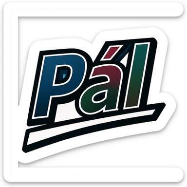 Pál name in masculine, modern, gradient font with precise Hungarian characters, dark outline, extra thick, prominent white letter frame as in sample images, dynamic slanted underline, masculine color shades (blue, gray, burgundy, green, brown), 1000x1000 px, PNG, transparent background sticker