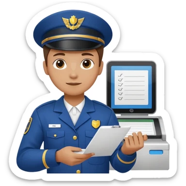 create a realistic emoji of a packaging station person with a protocol in his hand writing something down. sticker