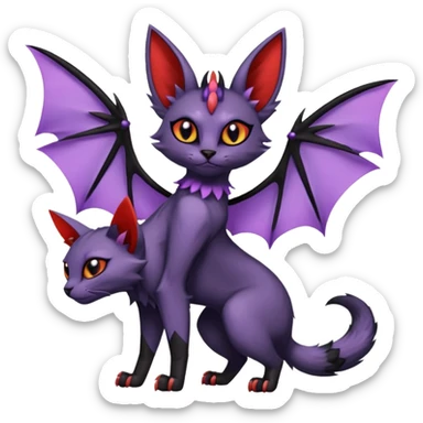 Black edgy Noibat-Purloin-Torracat-Lykoi-Caracal-cat-Fakemon-fusion-hybrid-creature with with tufted ears, tufted tail, bat wings as ears, head wings, ear wings, vampiric, batty, violet and red scale markings sticker