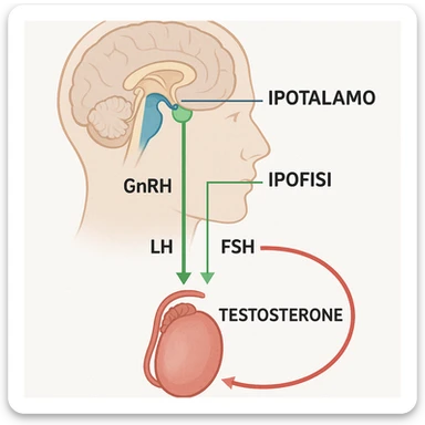 clear and realistic infographic of the HPT axis (hypothalamus-pituitary-testes): showing hypothalamus, pituitary gland, and testes connected by arrows, including hormone names (GnRH, LH, FSH, testosterone), simple diagram, distinct colors for each part, scritte in italiano sticker