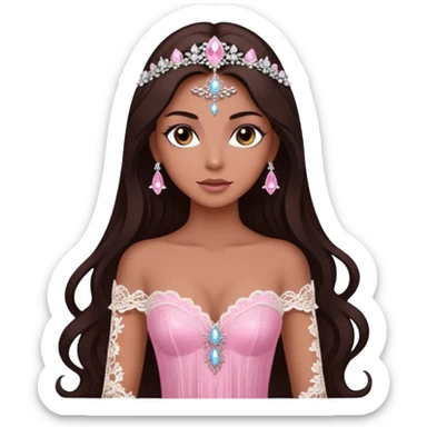 enchantress goddess wearing a embellished shimmering light powder white lace and swarovski pink gown with tanned skin and super long dark brown hair sticker