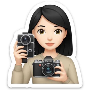White girl, straight black hair taking photos with a camara sticker