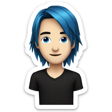 caucasian male. blue long emo hair. black shirt. teenager sticker