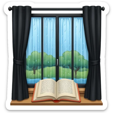 Curtained window with rain outside and a book inside sticker