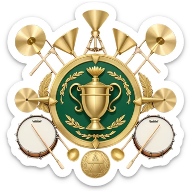 Create a heraldic, festive, and professional emblem-like emoji representing percussion instruments. The design should resemble a traditional crest, featuring a range of percussion instruments like cymbals, triangle, tambourine, maracas, timpani, and other traditional and folk percussion instruments. Arrange them symmetrically, with elements like cymbals crossing each other, a triangle at the center, and timpani or drums flanking the sides. The instruments should be depicted with metallic and wooden tones—shiny brass for cymbals, silver for the triangle, and rich wood or polished bronze for drums. Include ornate details like engraved patterns on the instruments, decorative swirls or laurels, and subtle accents to add elegance and festivity to the composition. The overall design should be cohesive, balanced, and visually striking, suitable for use as a prestigious emblem. The background should be transparent. sticker