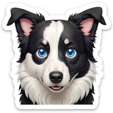 Cinematic Comical Black and White Border Collie Portrait Emoji, Head tilted dramatically with an exaggeratedly shocked or offended expression, featuring a striking black and white coat and wide, expressive blue eyes filled with exaggerated disbelief, Simplified yet hilariously expressive features, highly detailed, glowing with a slightly sassy glow, high shine, dramatic yet playful, stylized with an air of attitude, bright and endearing, soft glowing outline, capturing the essence of a sassy and over-the-top herder, so meme-worthy it feels like it could side-eye its way into internet fame instantly! sticker