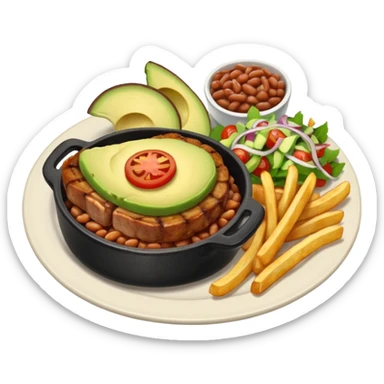 pork chops, fries, tomato onion salad, beans, and avocado  sticker