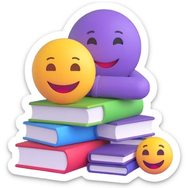 3D smiley emoji, round shape, student studying with pile of books, purple color, tired face sticker
