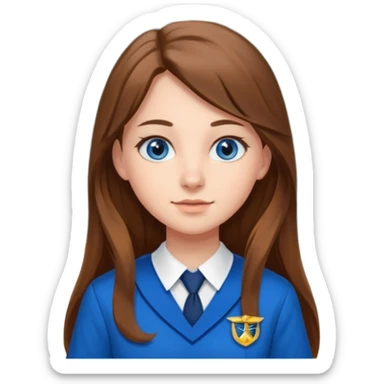 high school class room with a pretty female high school student with long brown hair, blue eyes sticker