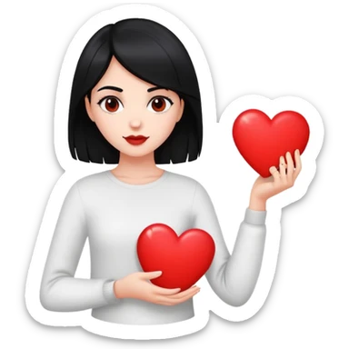 Black haired medium hair white girl holding a big heart or hugging it sticker